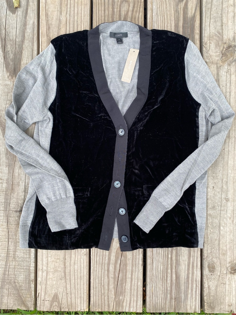 J. Crew Women's Black Velvet Front & Gray Knit Sleeve Cardigan